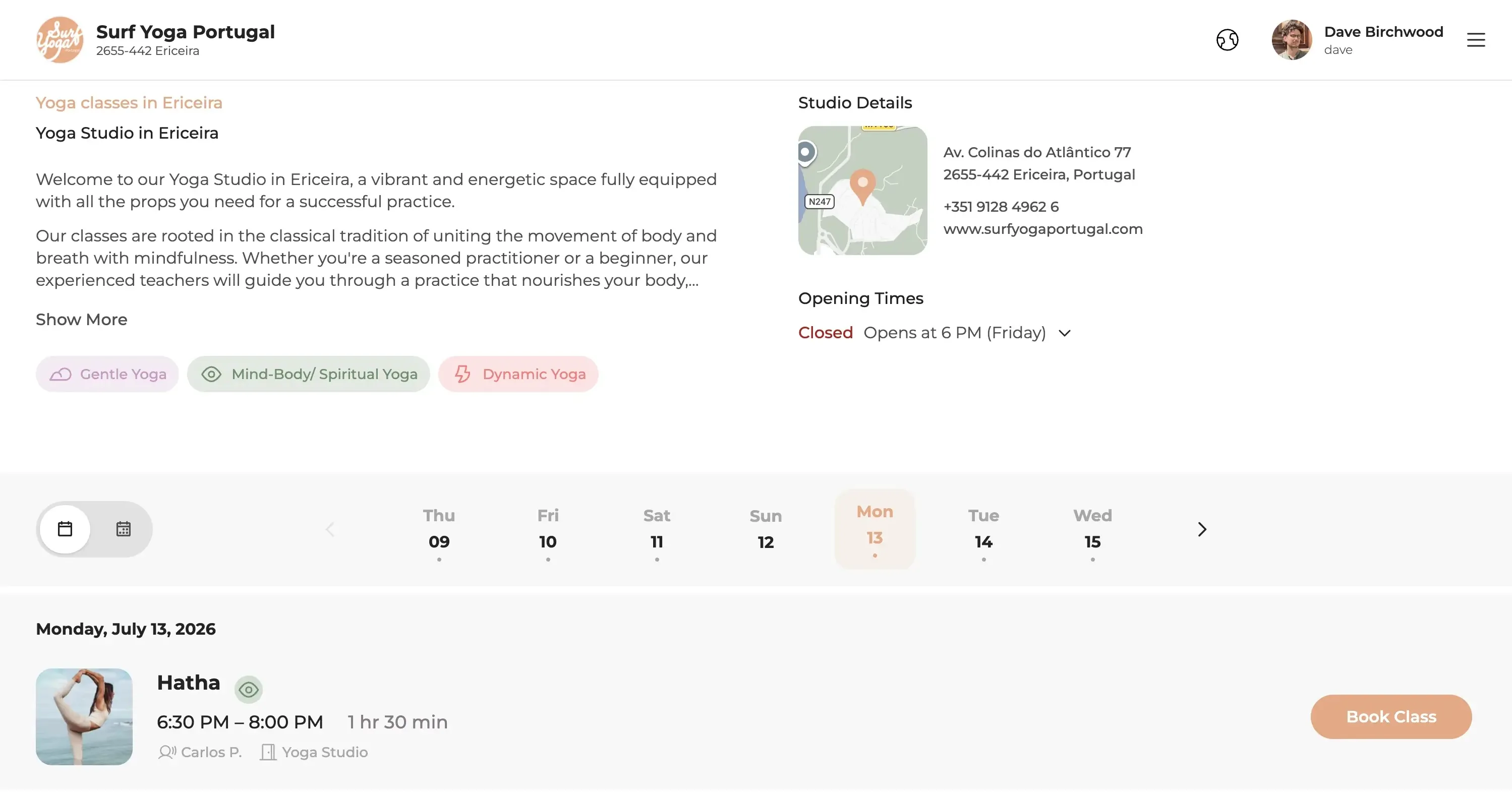 Branded yoga studio storefront on yoganear.me with custom brand color and class schedule