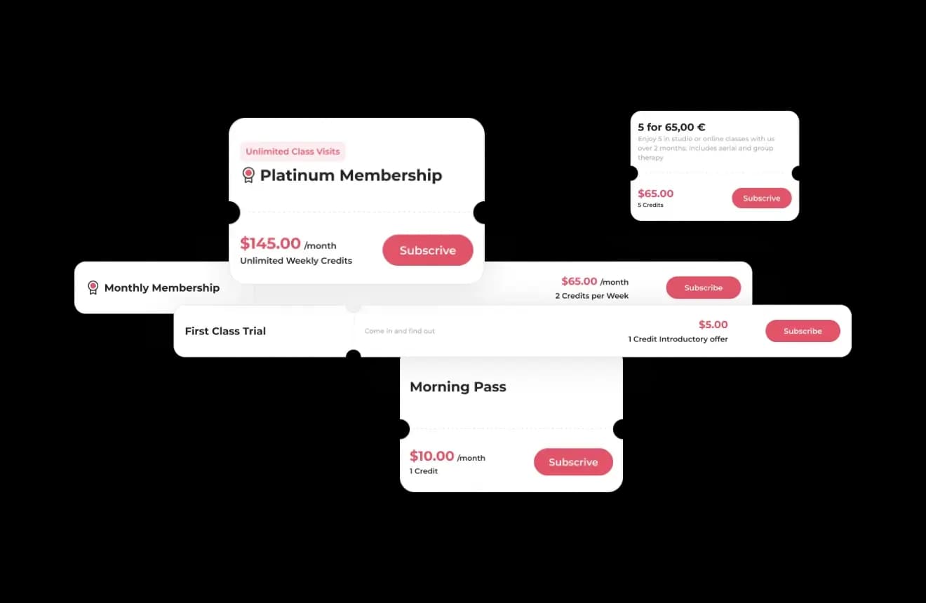 Membership and class pass cards with prices and subscribe buttons