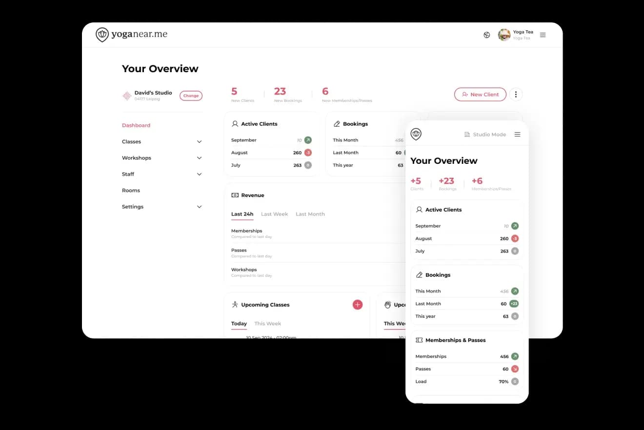 yoganear.me studio dashboard with bookings, clients, and revenue, on desktop and phone